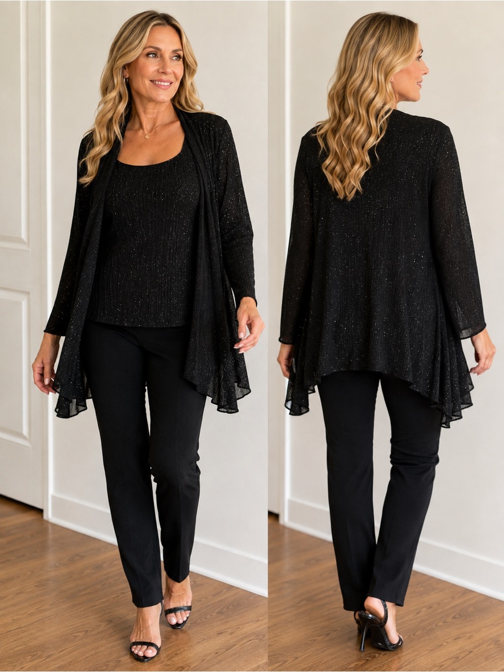Alex Evenings Black Glitter Pleated Tank & Open Cardigan 2-Piece Set Women’s NWT - Picture 2 of 12
